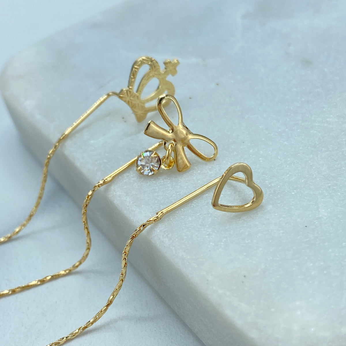 18k Gold Filled Chain Threader Earrings with Crown, CZ and Bow or Heart on Top, Vintage Threader Earrings, Wholesale Jewelry