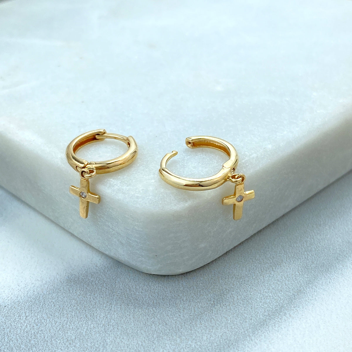 14k Solid Gold Huggie Earrings with Dangle Cross Charm featuring Cubic Zirconia, 14k Solid Yellow Gold CZ Cross Huggie Earrings