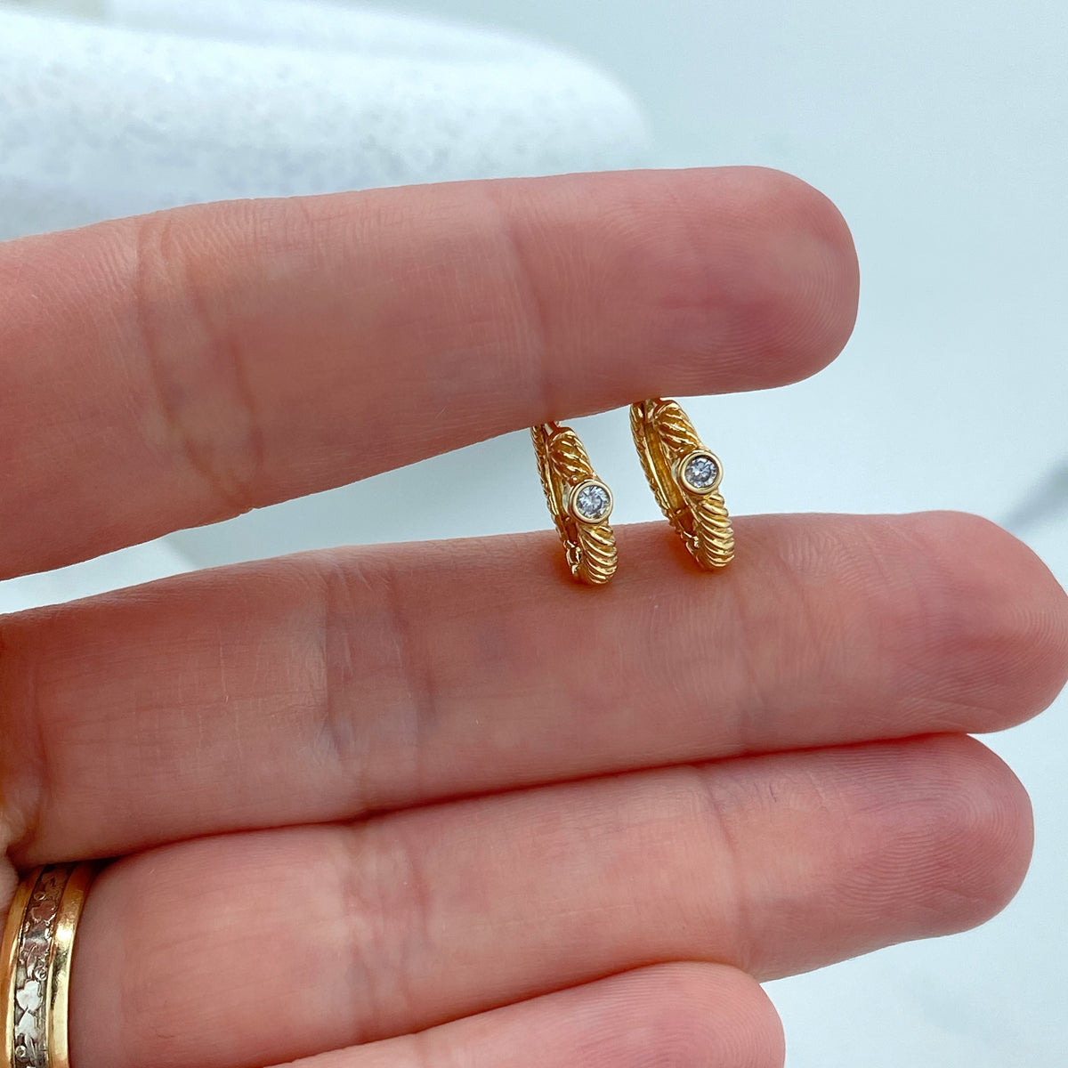 14k Solid Gold Huggie Earrings Twisted Style featuring Clear Cubic Zirconia, 14k Solid Yellow Gold CZ Twisted Huggie Earrings