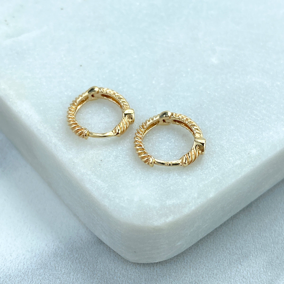 14k Solid Gold Huggie Earrings Twisted Style featuring Clear Cubic Zirconia, 14k Solid Yellow Gold CZ Twisted Huggie Earrings