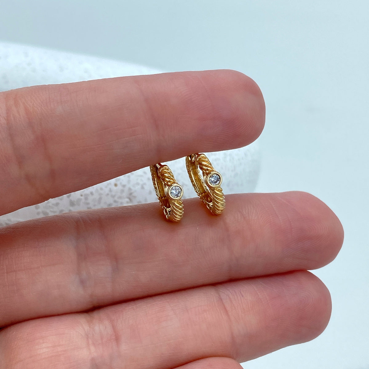 14k Solid Gold Huggie Earrings Twisted Style featuring Clear Cubic Zirconia, 14k Solid Yellow Gold CZ Twisted Huggie Earrings