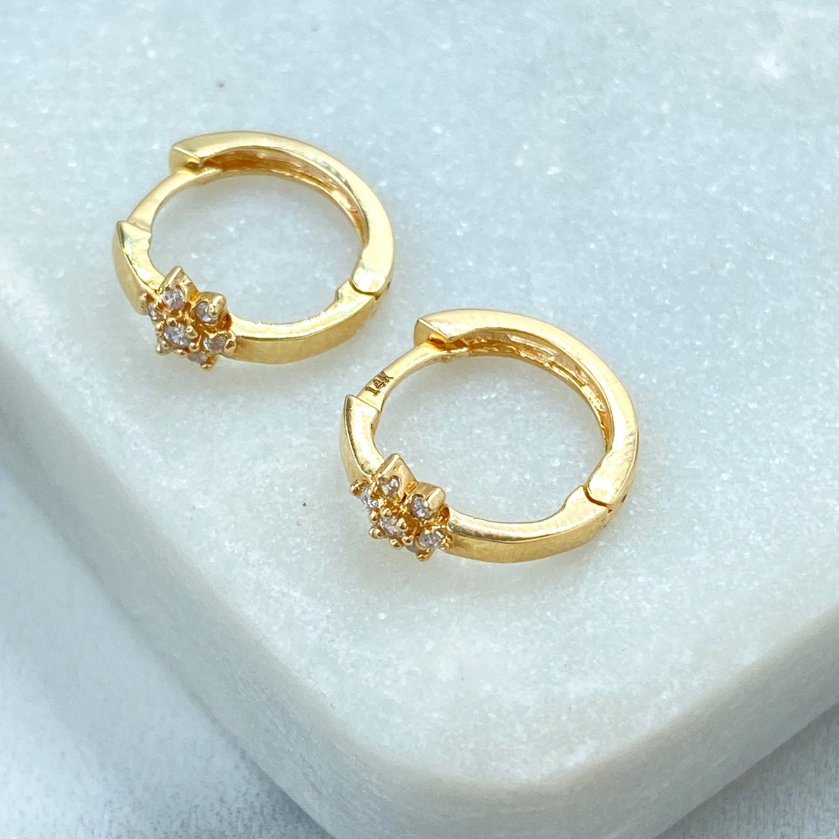 14k Solid Gold Huggie Earrings with Flower Charm featuring Cubic Zirconia, 14k Solid Yellow Gold CZ Flower Huggie Earrings