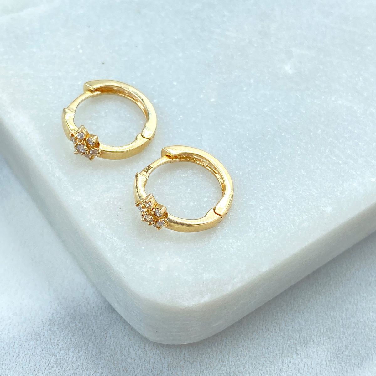 14k Solid Gold Huggie Earrings with Flower Charm featuring Cubic Zirconia, 14k Solid Yellow Gold CZ Flower Huggie Earrings