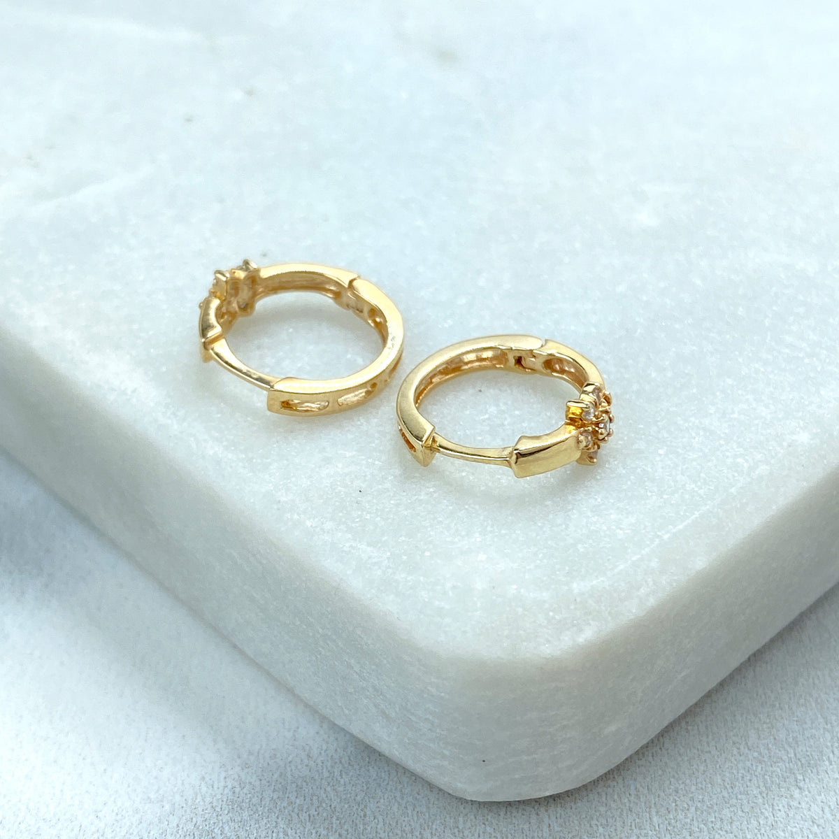 14k Solid Gold Huggie Earrings with Flower Charm featuring Cubic Zirconia, 14k Solid Yellow Gold CZ Flower Huggie Earrings