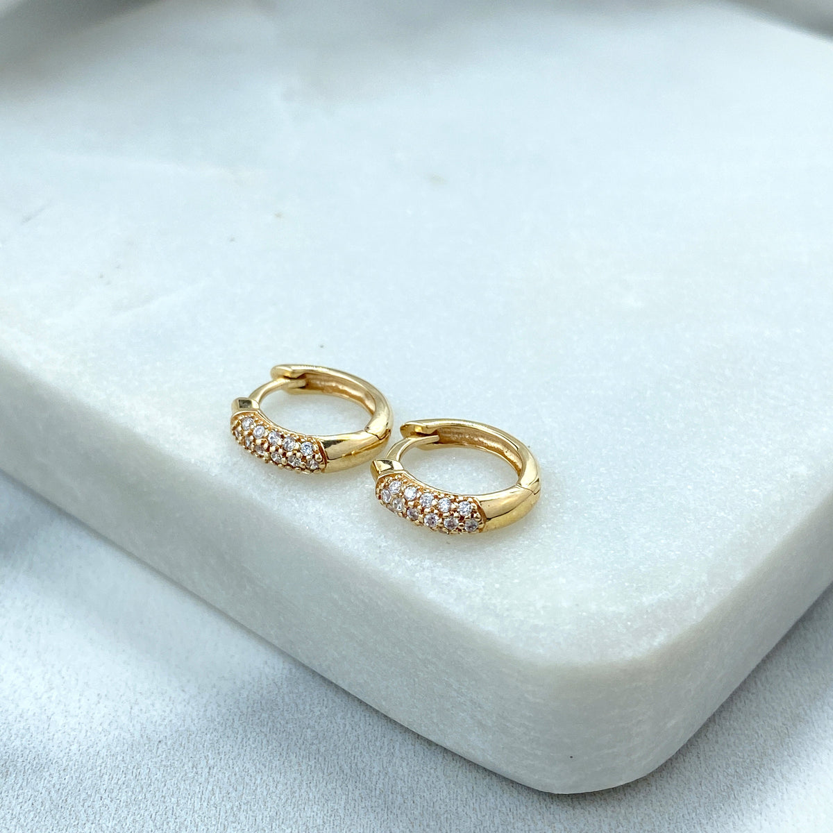 14k Solid Gold Huggie Earrings featuring Clear Cubic Zirconia, 14k Solid Yellow Gold Classic CZ Huggie Earrings