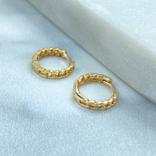 14k Solid Gold Curb Link Chain Style Huggie Earrings, 14k Solid Yellow Gold Cuban Link Chain Huggie Earrings