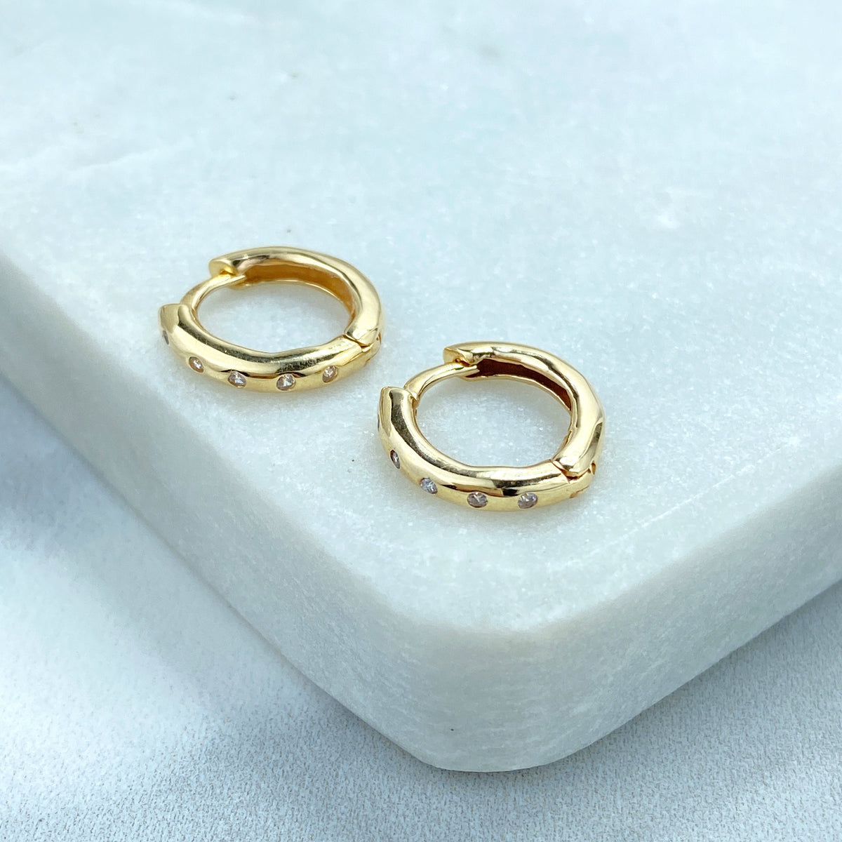 14k Solid Gold Huggie Earrings featuring Clear Cubic Zirconia, 14k Solid Yellow Gold Classic CZ Huggie Earrings