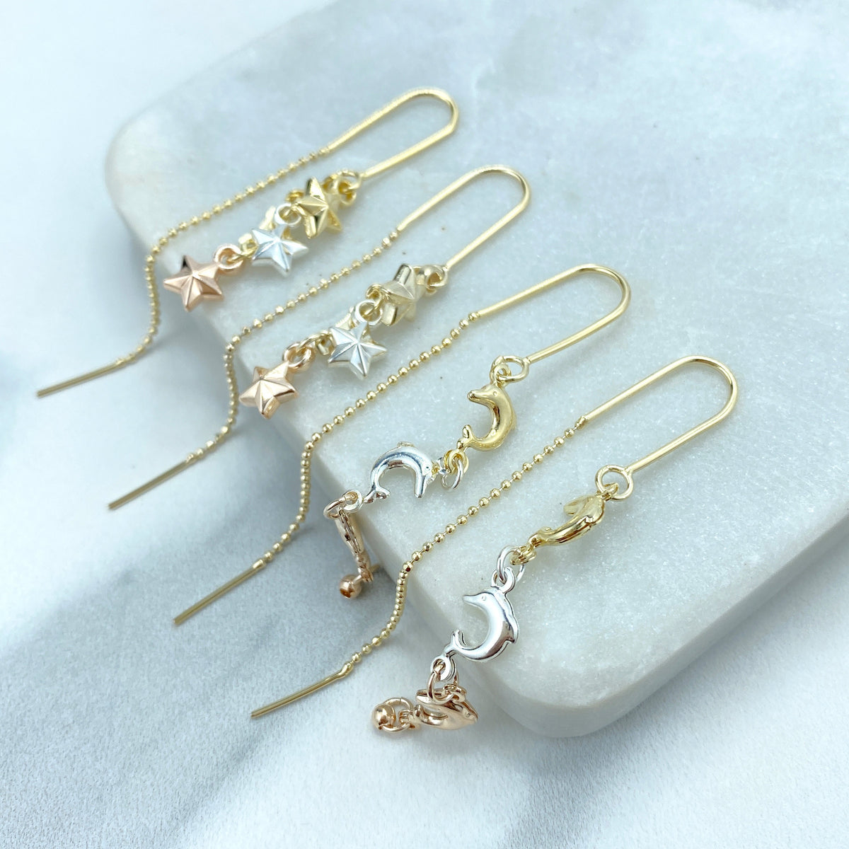 18k Gold Filled Two Tone and Three Tone Threader Earrings with Stars, Three Dophins, Ball and Dolphin or Sun Theme, Wholesale Jewelry
