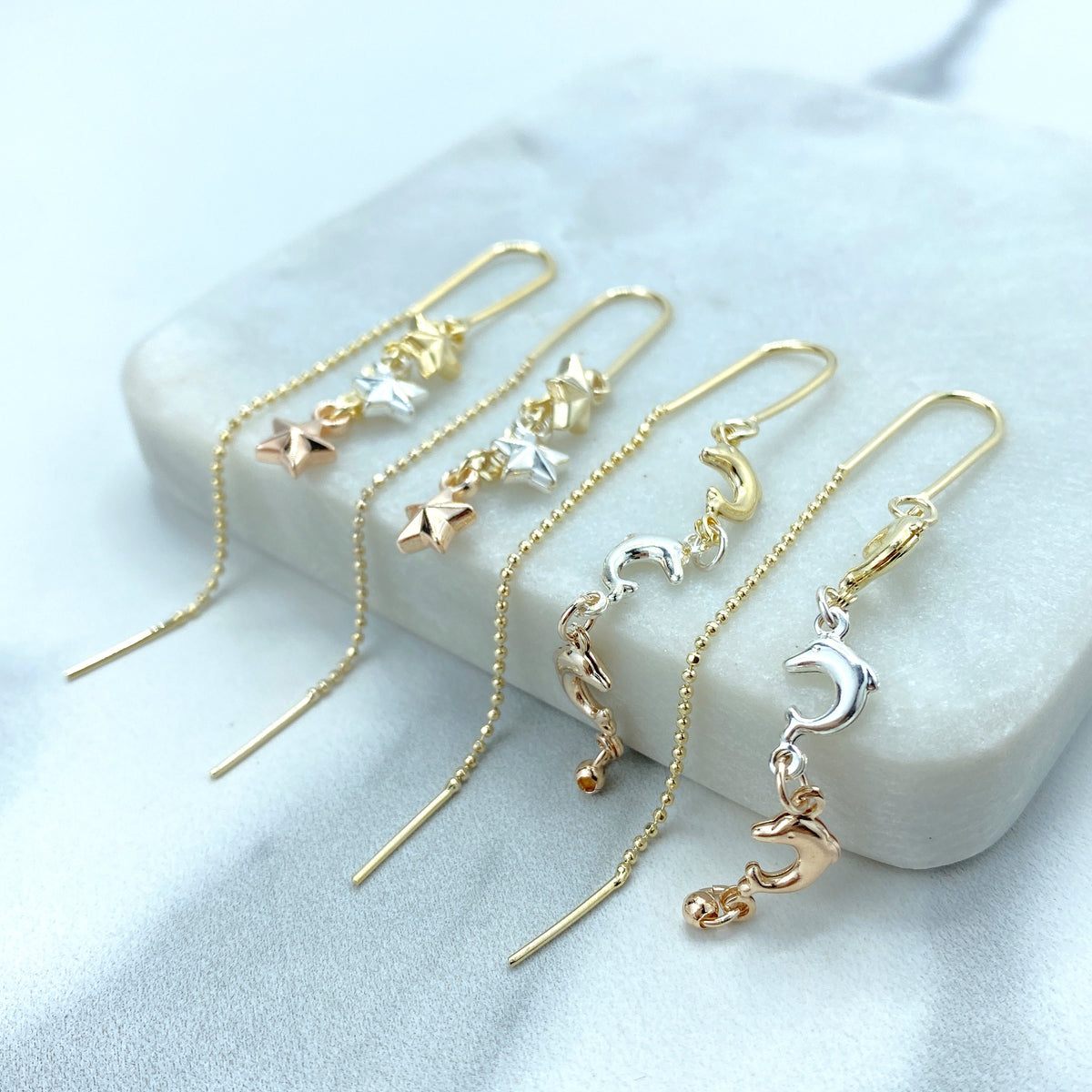 18k Gold Filled Two Tone and Three Tone Threader Earrings with Stars, Three Dophins, Ball and Dolphin or Sun Theme, Wholesale Jewelry