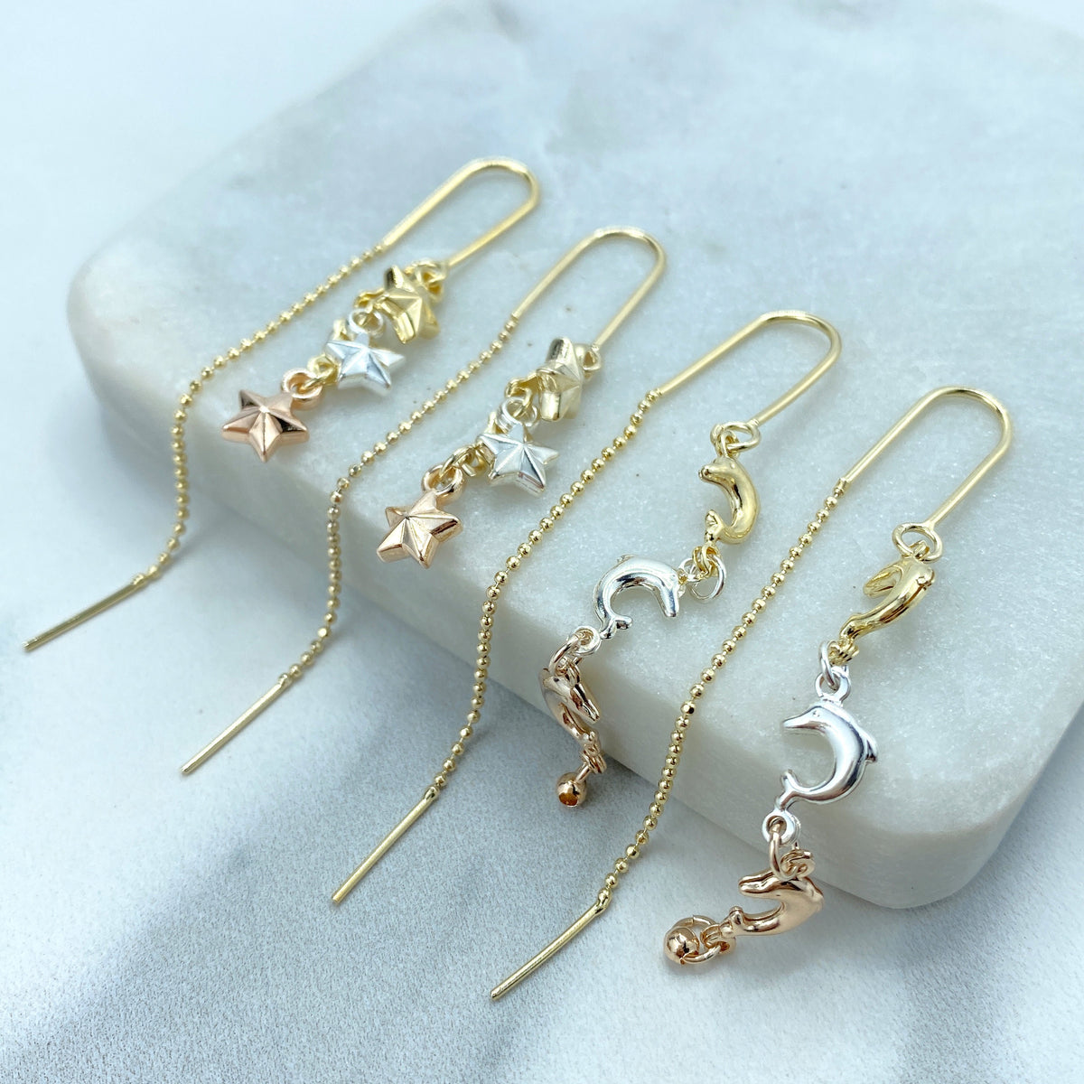 18k Gold Filled Two Tone and Three Tone Threader Earrings with Stars, Three Dophins, Ball and Dolphin or Sun Theme, Wholesale Jewelry