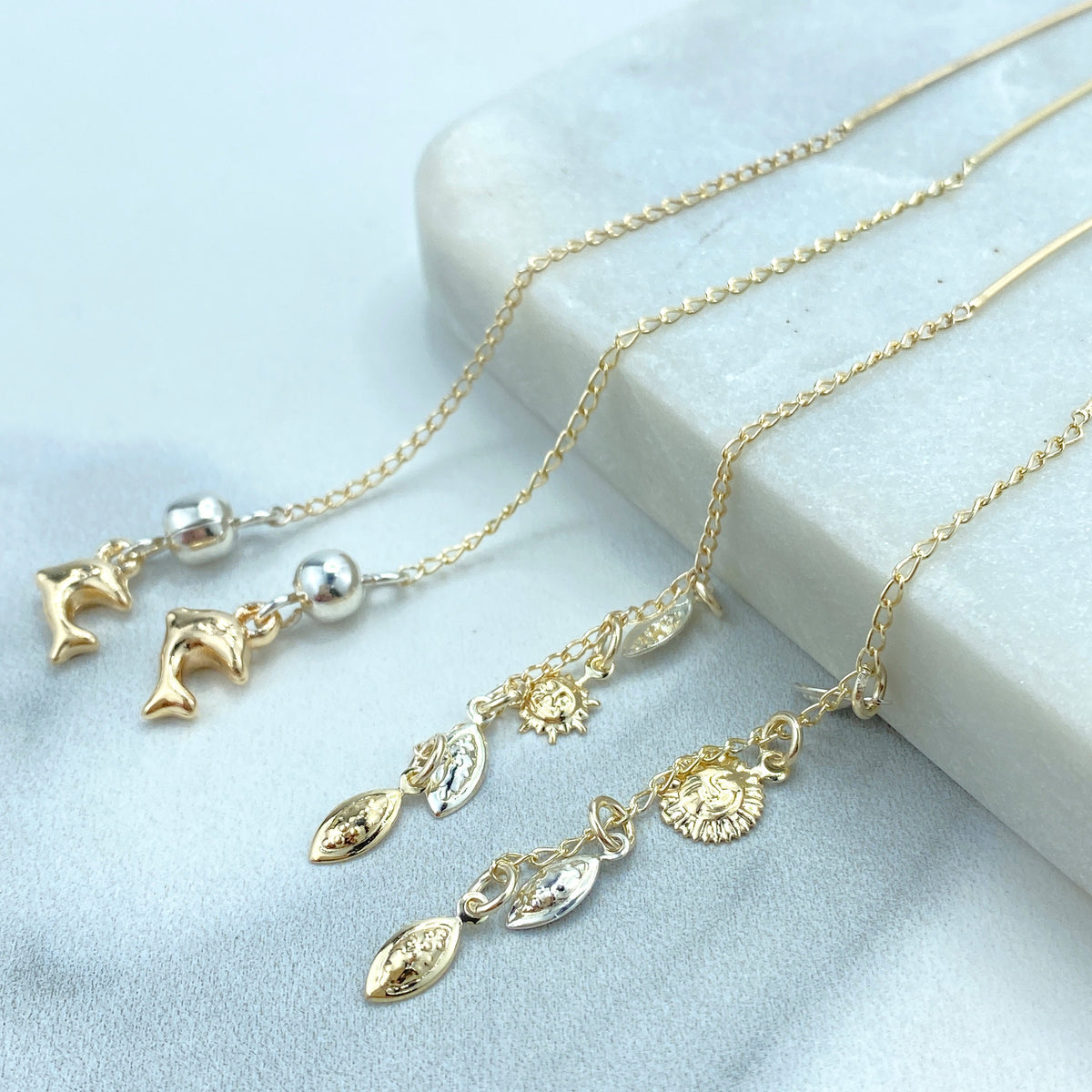 18k Gold Filled Two Tone and Three Tone Threader Earrings with Stars, Three Dophins, Ball and Dolphin or Sun Theme, Wholesale Jewelry