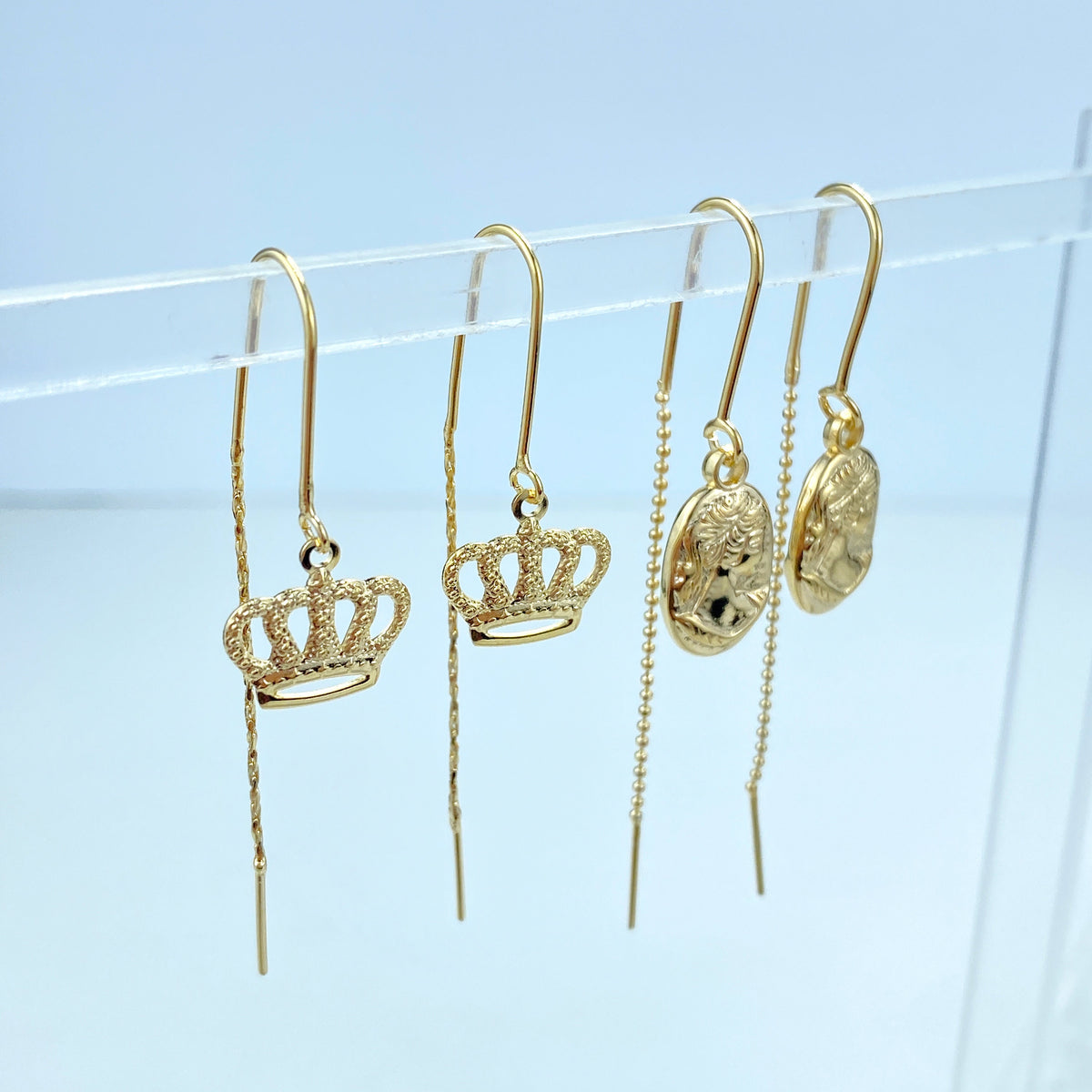 18k Gold Filled Threader Earrings Chain with Drop Medal Cameo or Cutout Crown Charm, Vintage Threader Earrings, Wholesale Jewelry
