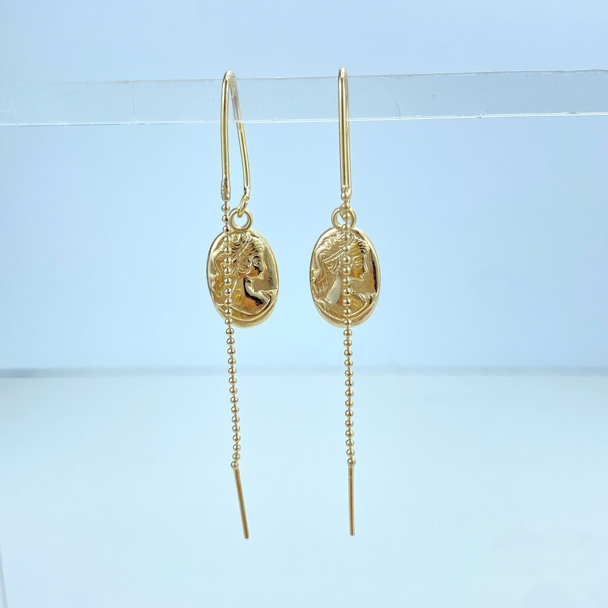 18k Gold Filled Threader Earrings Chain with Drop Medal Cameo or Cutout Crown Charm, Vintage Threader Earrings, Wholesale Jewelry