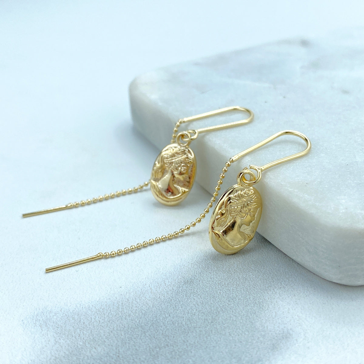 18k Gold Filled Threader Earrings Chain with Drop Medal Cameo or Cutout Crown Charm, Vintage Threader Earrings, Wholesale Jewelry