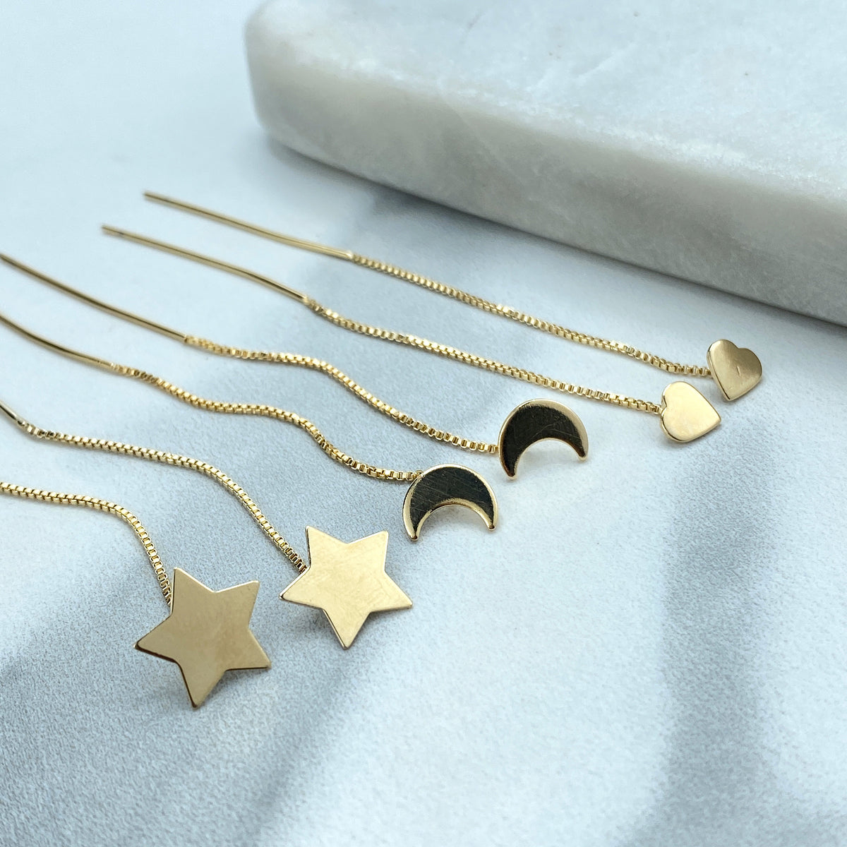 18k Gold Filled Box Chain Threader Earrings with Drop Polished Star, Moon or Heart Charm, Wholesale Jewelry
