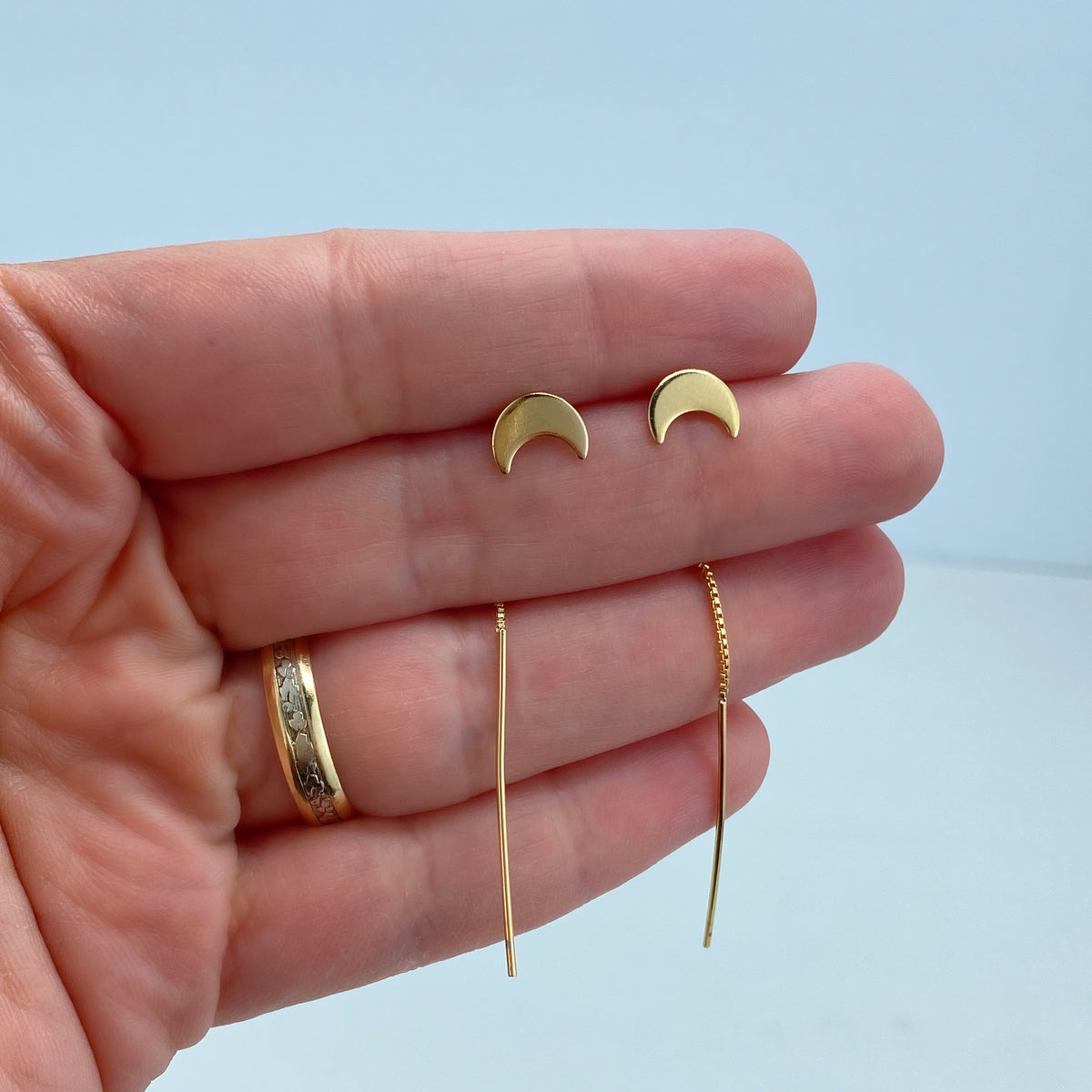 18k Gold Filled Box Chain Threader Earrings with Drop Polished Star, Moon or Heart Charm, Wholesale Jewelry