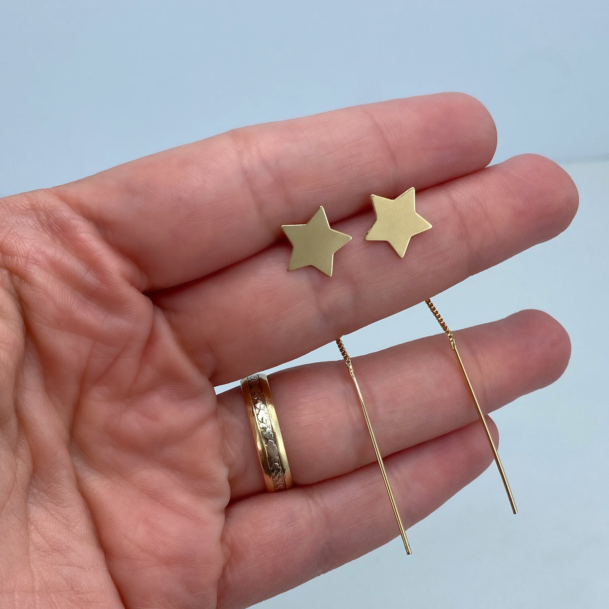 18k Gold Filled Box Chain Threader Earrings with Drop Polished Star, Moon or Heart Charm, Wholesale Jewelry