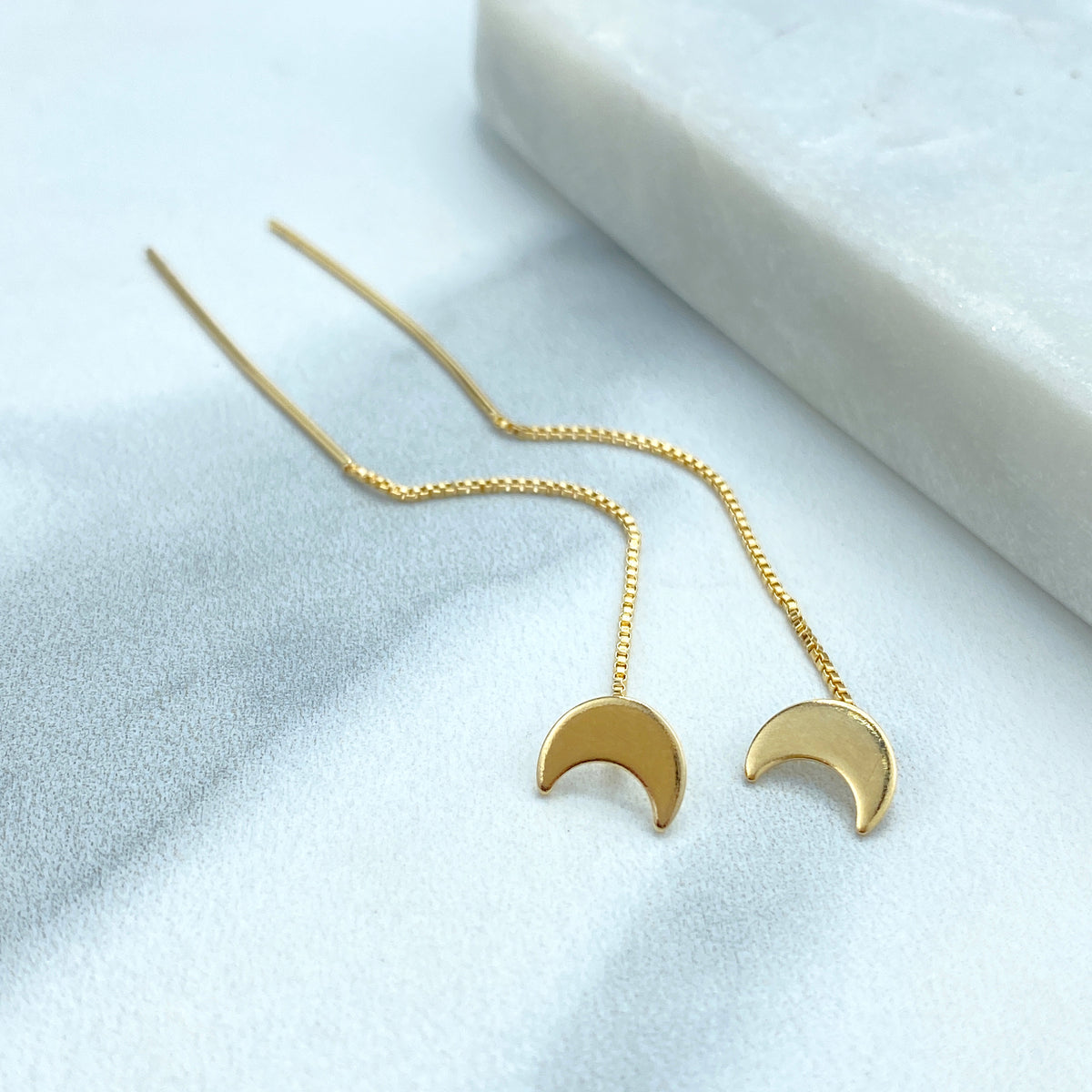 18k Gold Filled Box Chain Threader Earrings with Drop Polished Star, Moon or Heart Charm, Wholesale Jewelry
