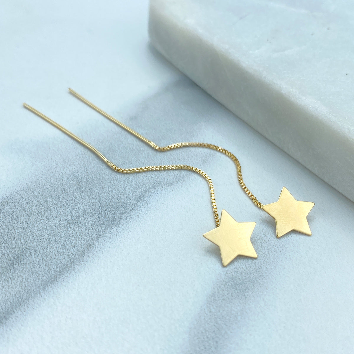 18k Gold Filled Box Chain Threader Earrings with Drop Polished Star, Moon or Heart Charm, Wholesale Jewelry