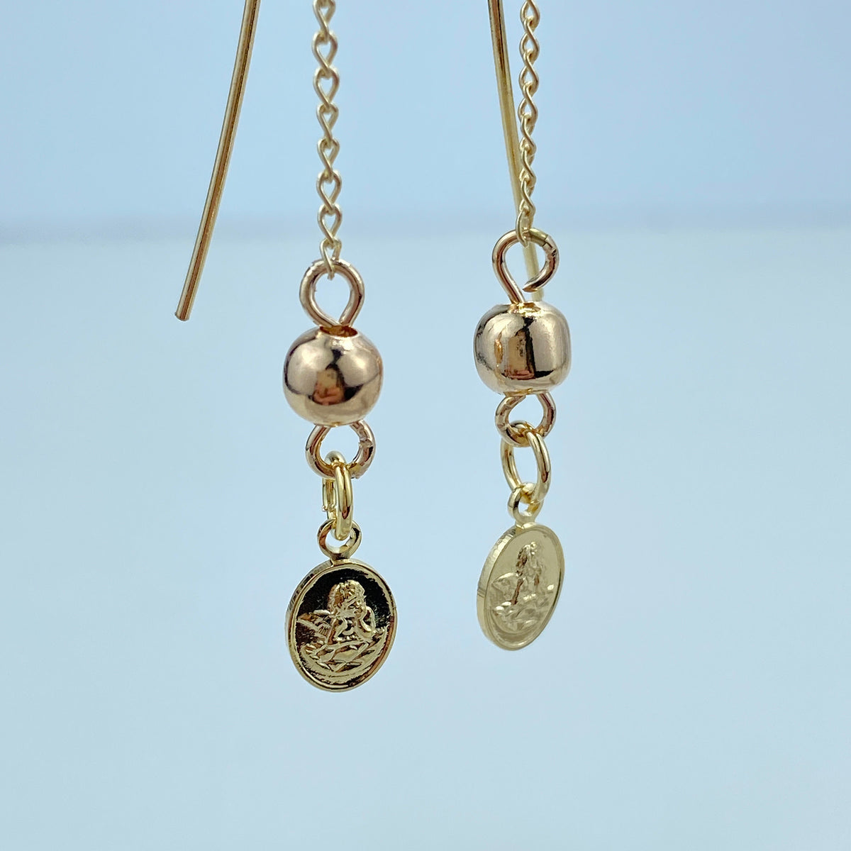 18k Gold Filled Chain Threader Earrings with Drop Gold Ball and Medal Angel Charm, Religious Vintage Threader Earrings, Wholesale Jewelry