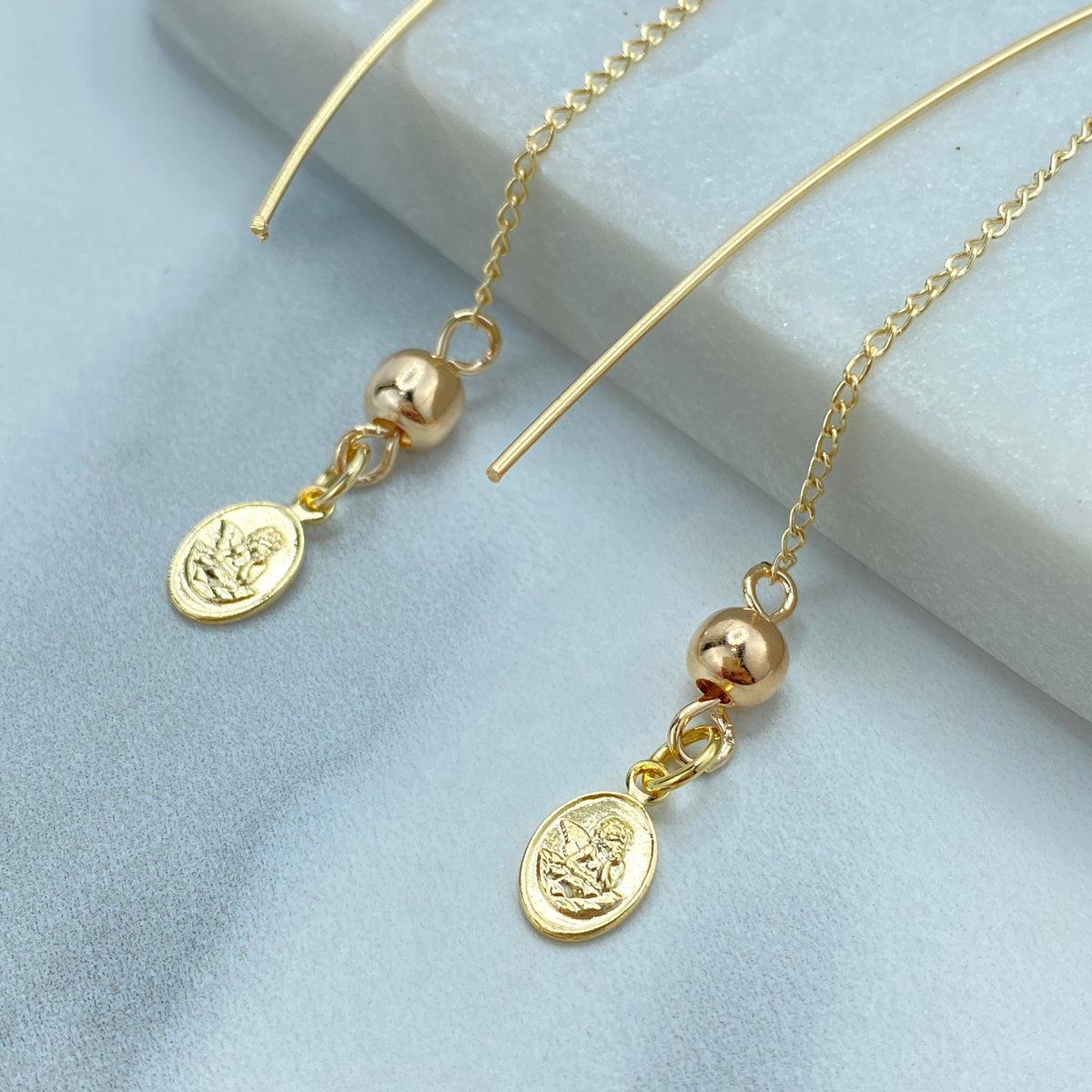 18k Gold Filled Chain Threader Earrings with Drop Gold Ball and Medal Angel Charm, Religious Vintage Threader Earrings, Wholesale Jewelry