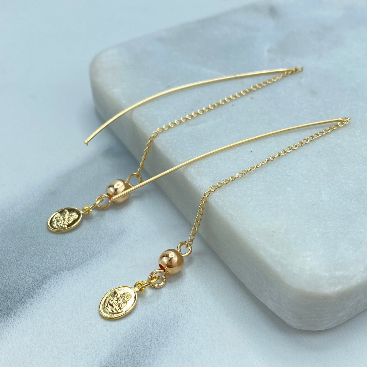 18k Gold Filled Chain Threader Earrings with Drop Gold Ball and Medal Angel Charm, Religious Vintage Threader Earrings, Wholesale Jewelry