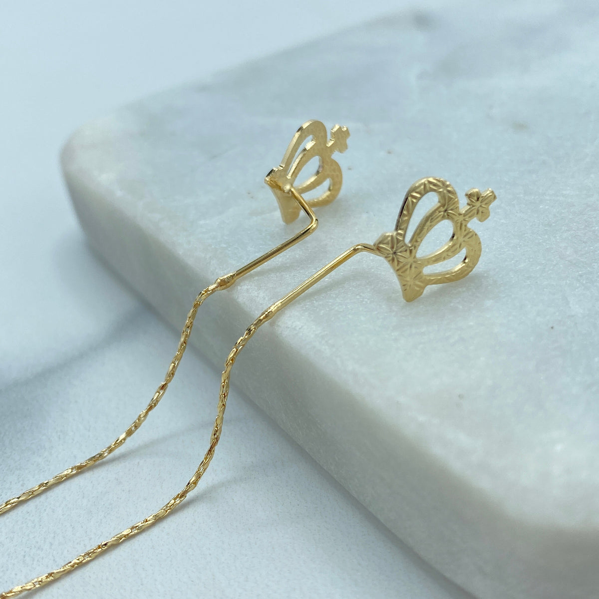 18k Gold Filled Chain Threader Earrings with Crown, CZ and Bow or Heart on Top, Vintage Threader Earrings, Wholesale Jewelry