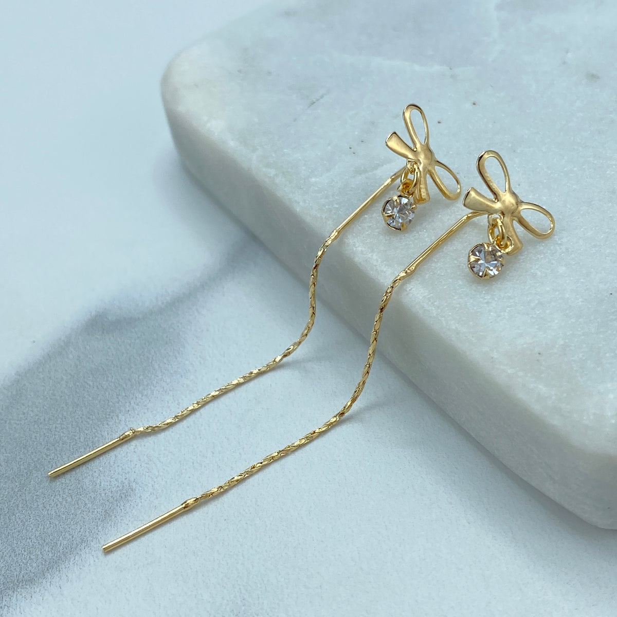 18k Gold Filled Chain Threader Earrings with Crown, CZ and Bow or Heart on Top, Vintage Threader Earrings, Wholesale Jewelry