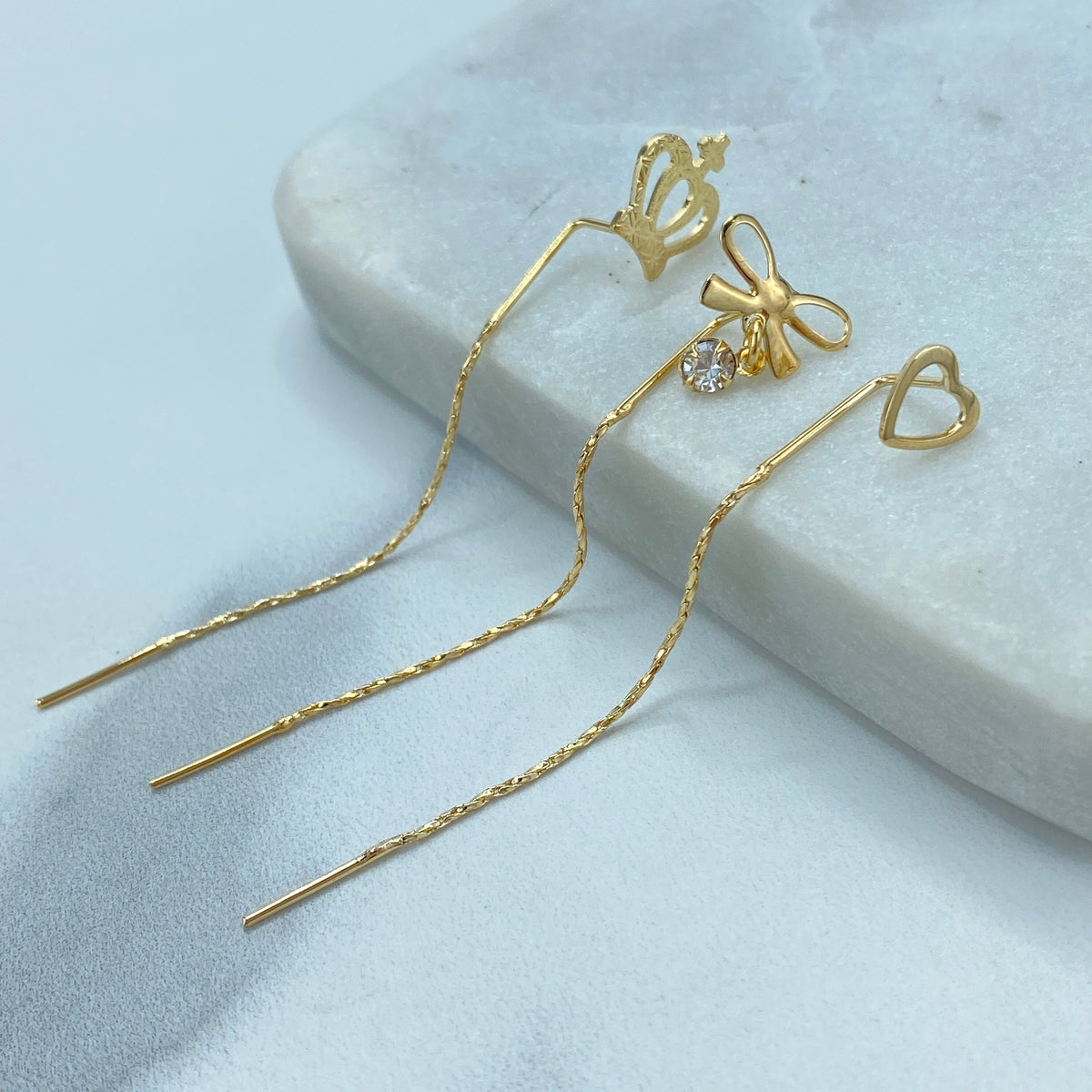 18k Gold Filled Chain Threader Earrings with Crown, CZ and Bow or Heart on Top, Vintage Threader Earrings, Wholesale Jewelry