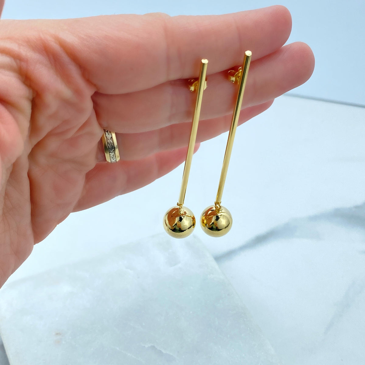 18K Gold Filled Stick & Drop Earrings, Gold Ball Dangle Earrings, Stick and Ball Drop Earrings, Wholesale Jewelry