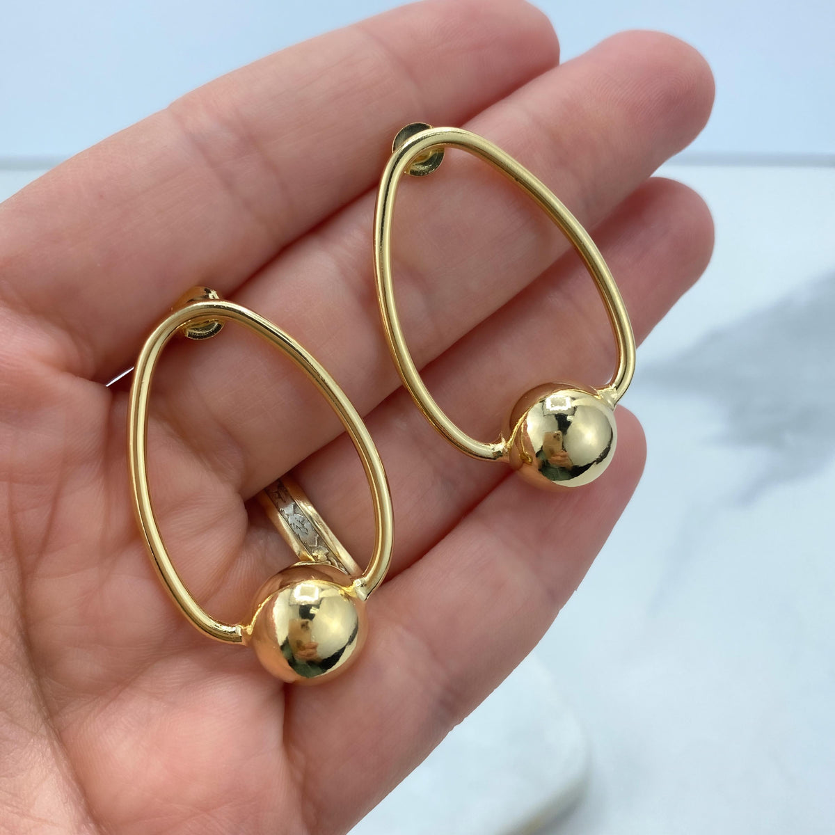 18K Gold Filled Oval Hoop Earrings Style with 12mm Gold Bead, Minimalist Hoop Earrings, Stud Ball Hoop, Fine Jewelry, Wholesale Jewelry
