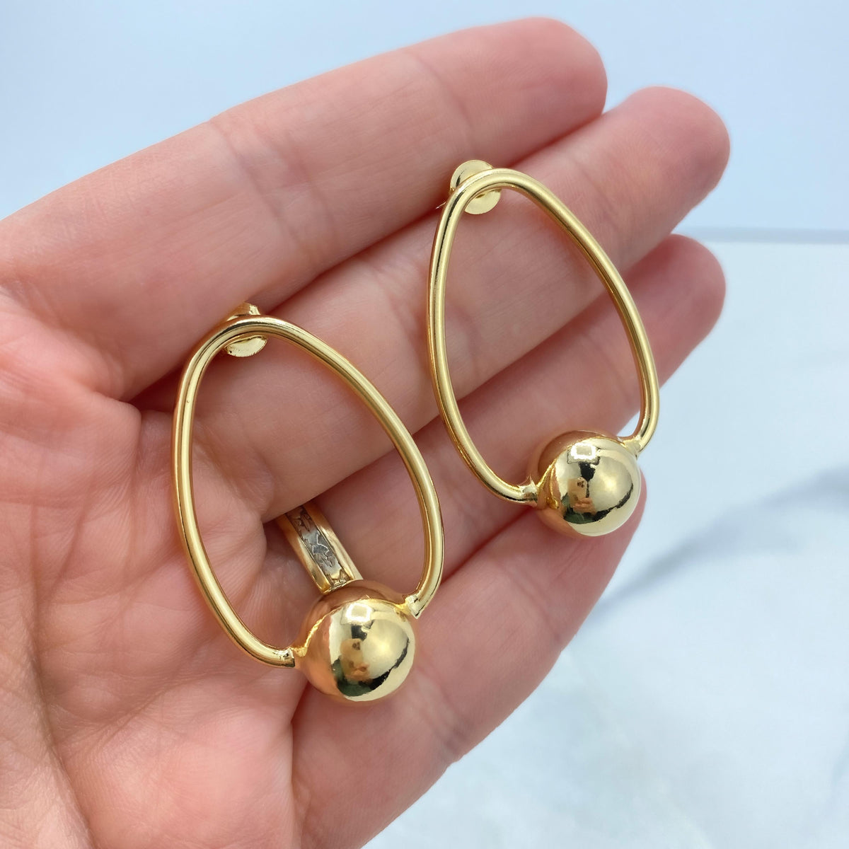 18K Gold Filled Oval Hoop Earrings Style with 12mm Gold Bead, Minimalist Hoop Earrings, Stud Ball Hoop, Fine Jewelry, Wholesale Jewelry