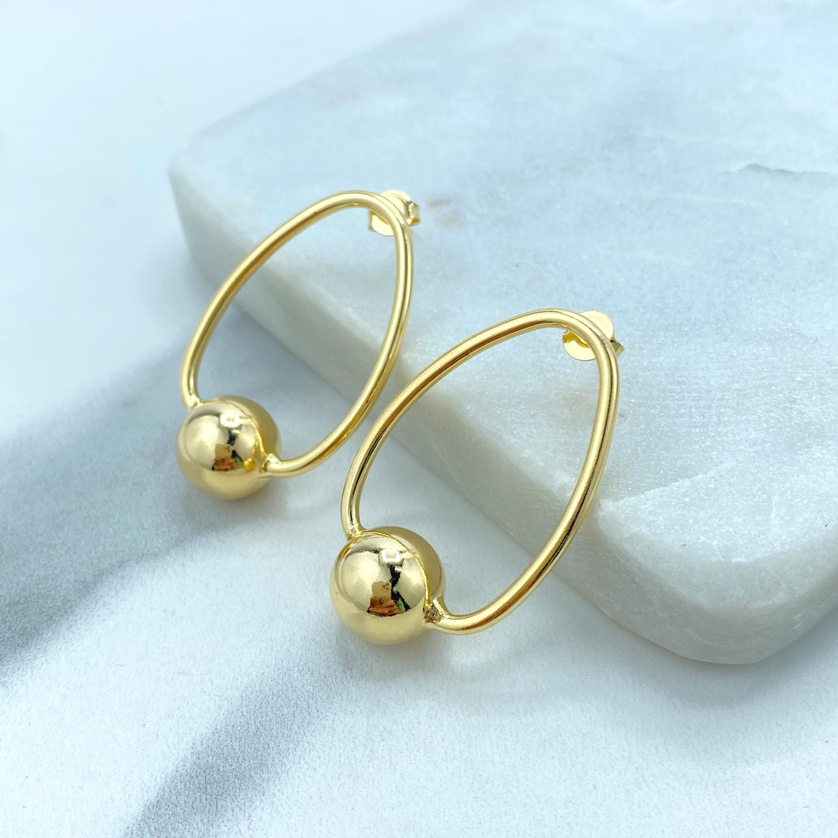 18K Gold Filled Oval Hoop Earrings Style with 12mm Gold Bead, Minimalist Hoop Earrings, Stud Ball Hoop, Fine Jewelry, Wholesale Jewelry
