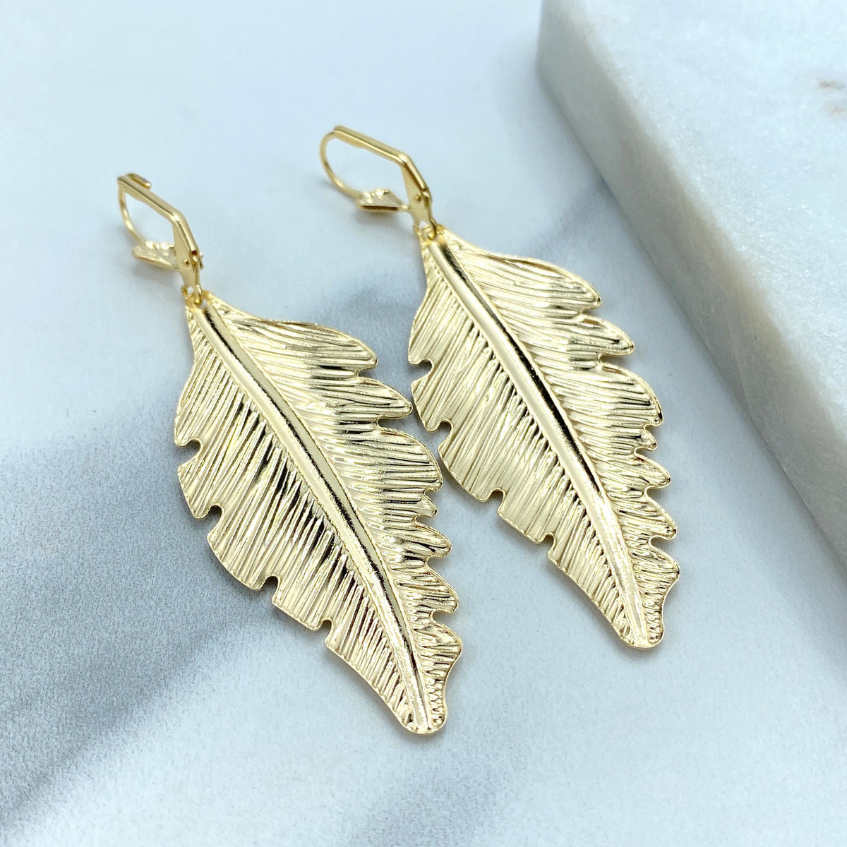 18K Gold Filled Textured Feather Leaf Drop Dangle Earrings, Dangly Boho Leaf and Feather Drop Earrings, Dangling Nature, Wholesale Jewelry