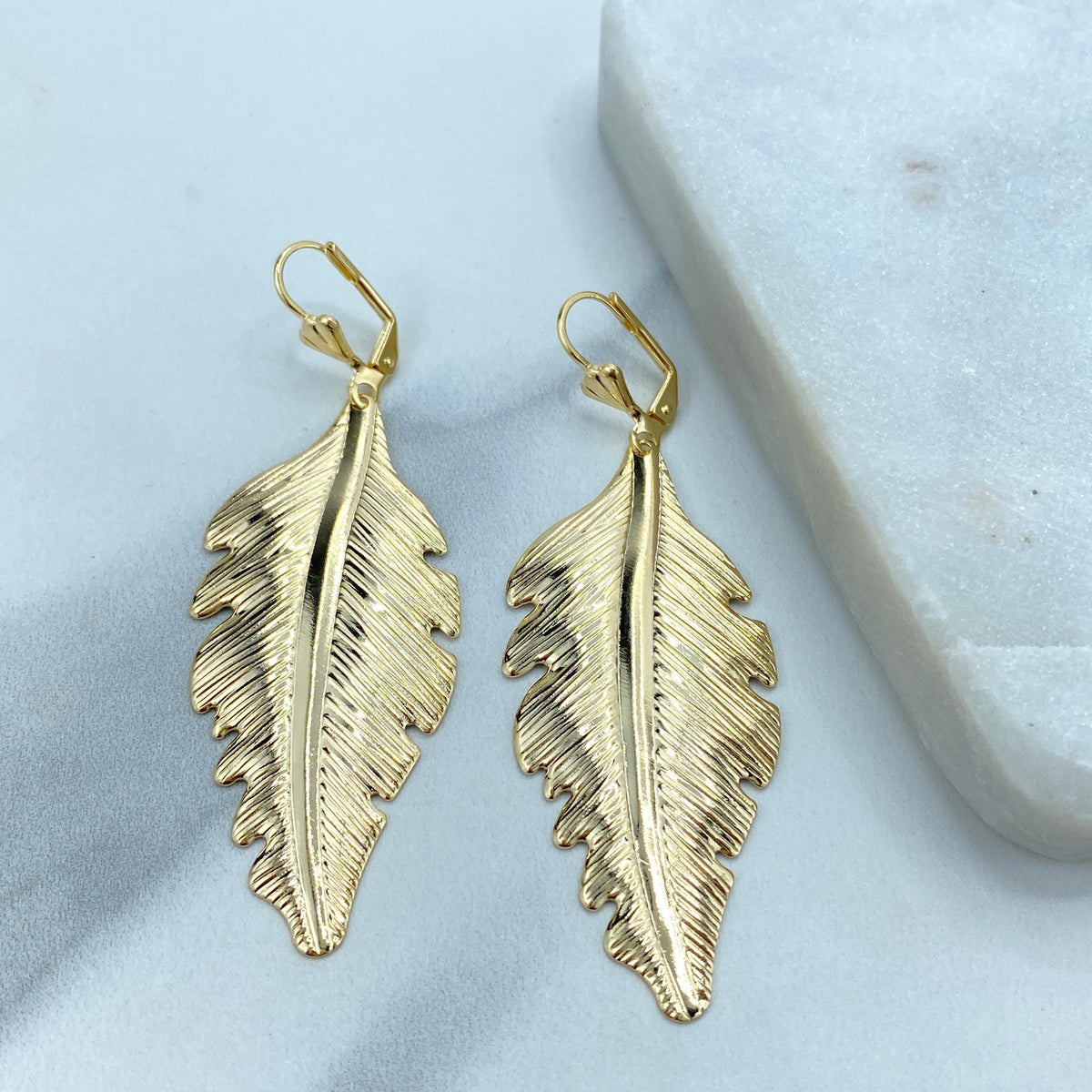 18K Gold Filled Textured Feather Leaf Drop Dangle Earrings, Dangly Boho Leaf and Feather Drop Earrings, Dangling Nature, Wholesale Jewelry