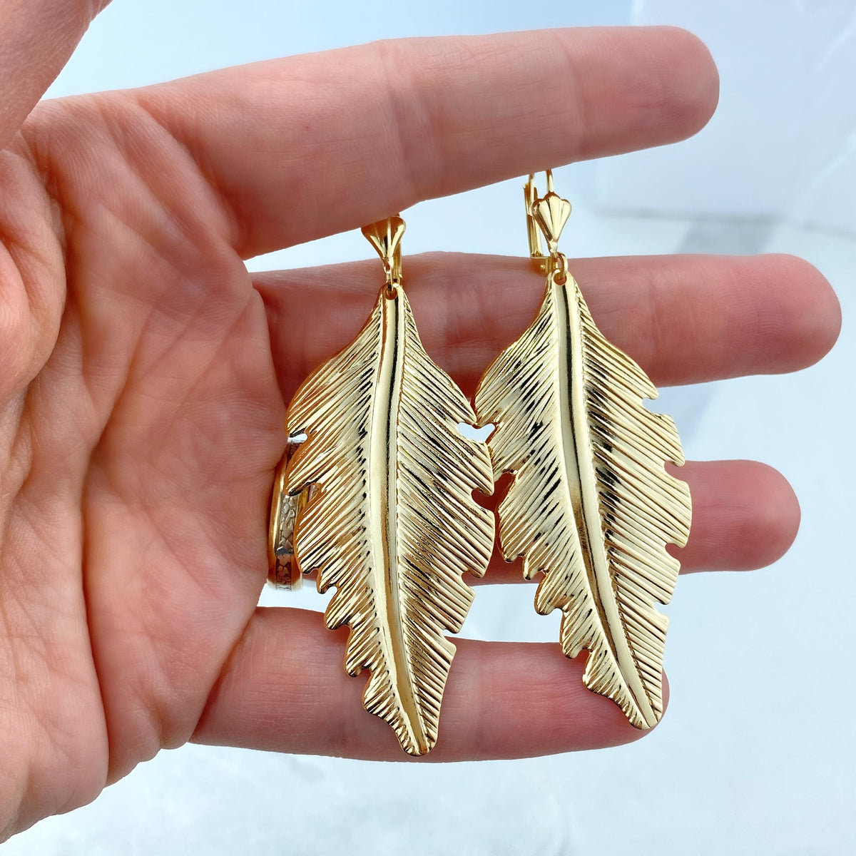 18K Gold Filled Textured Feather Leaf Drop Dangle Earrings, Dangly Boho Leaf and Feather Drop Earrings, Dangling Nature, Wholesale Jewelry