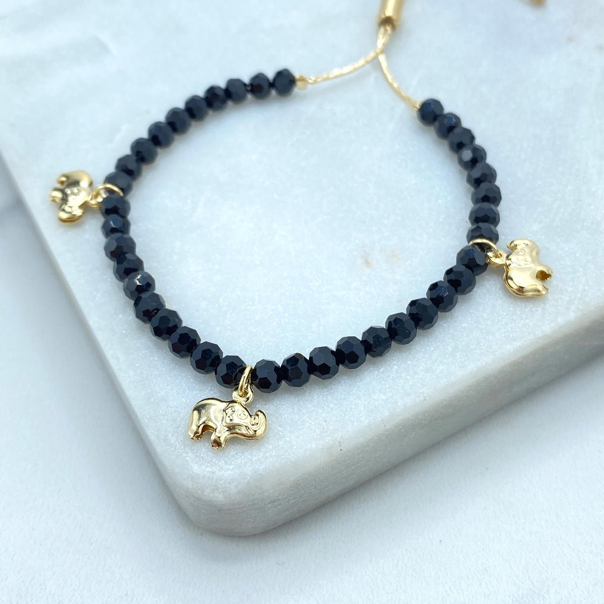 18k Gold Filled Beaded Adjustable Bracelet, Black Beads with Puffed Elephants Charms Adjustable Bracelet, Wholesale Jewelry