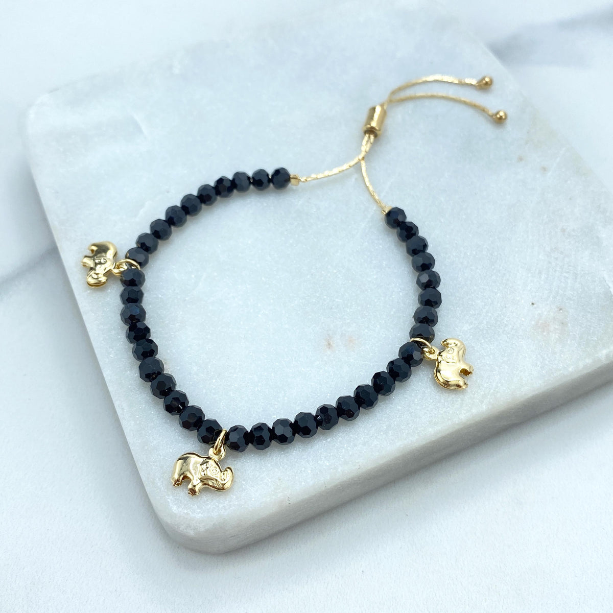18k Gold Filled Beaded Adjustable Bracelet, Black Beads with Puffed Elephants Charms Adjustable Bracelet, Wholesale Jewelry