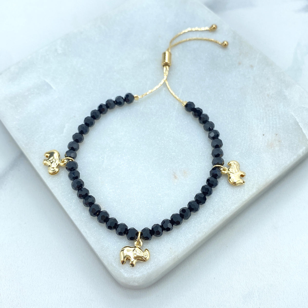 18k Gold Filled Beaded Adjustable Bracelet, Black Beads with Puffed Elephants Charms Adjustable Bracelet, Wholesale Jewelry