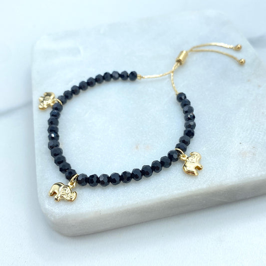 18k Gold Filled Beaded Adjustable Bracelet, Black Beads with Puffed Elephants Charms Adjustable Bracelet, Wholesale Jewelry