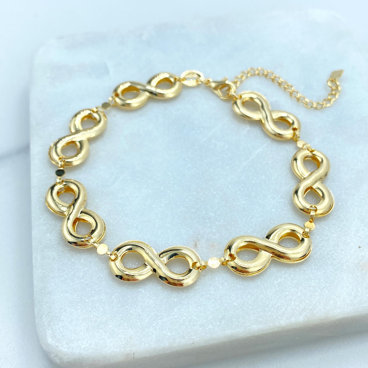 18k Gold Filled Linked Puffed Infinity Symbol (that move) Bracelet, 7 Inches Long with Extender, Infinity Bracelet, Wholesale Jewelry