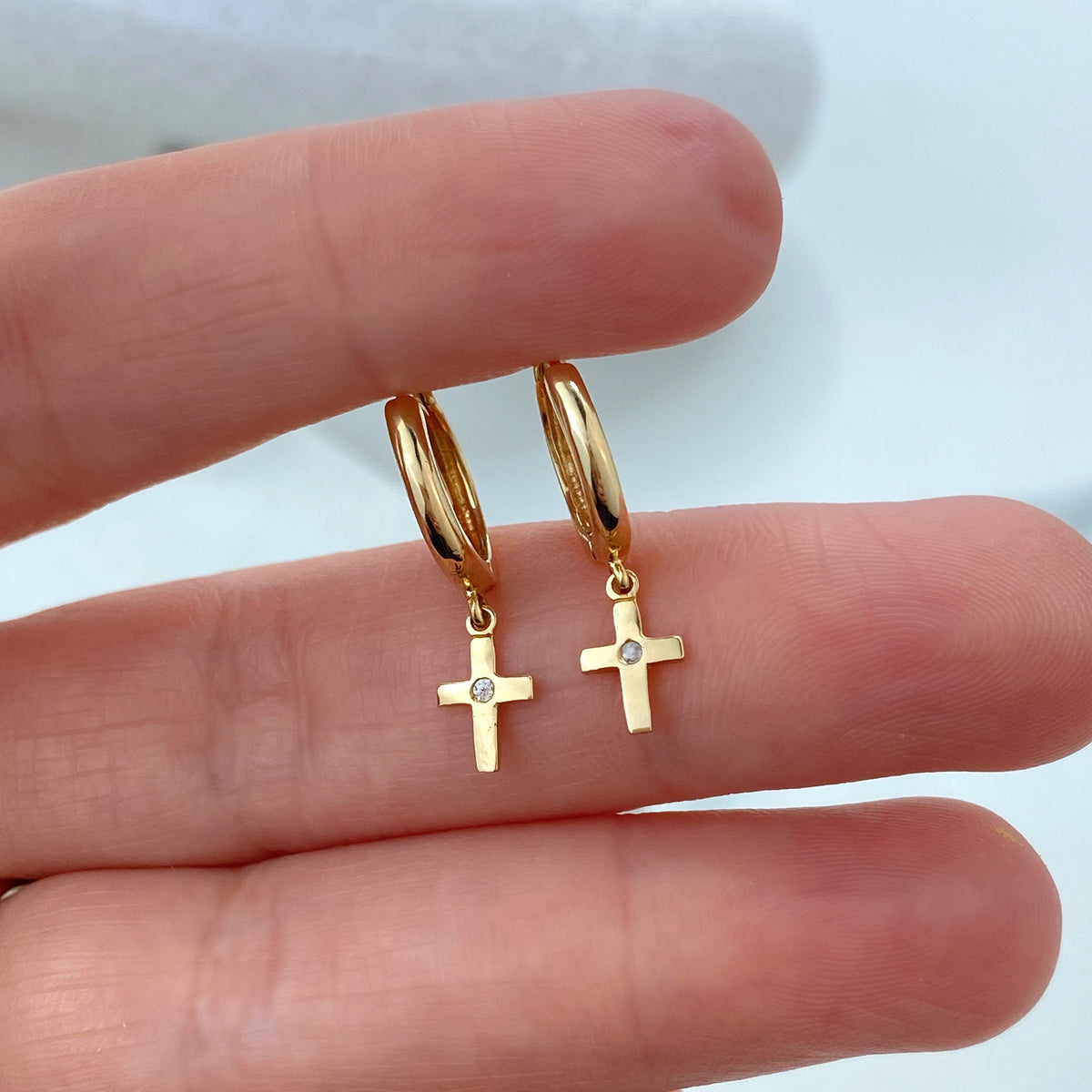 14k Solid Gold Huggie Earrings with Dangle Cross Charm featuring Cubic Zirconia, 14k Solid Yellow Gold CZ Cross Huggie Earrings