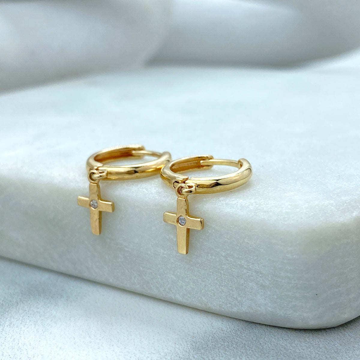 14k Solid Gold Huggie Earrings with Dangle Cross Charm featuring Cubic Zirconia, 14k Solid Yellow Gold CZ Cross Huggie Earrings
