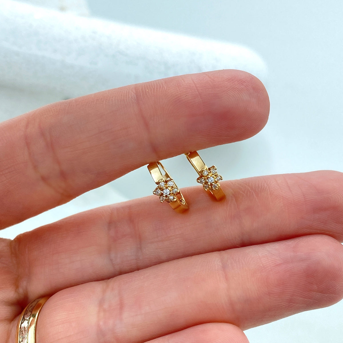 14k Solid Gold Huggie Earrings with Flower Charm featuring Cubic Zirconia, 14k Solid Yellow Gold CZ Flower Huggie Earrings
