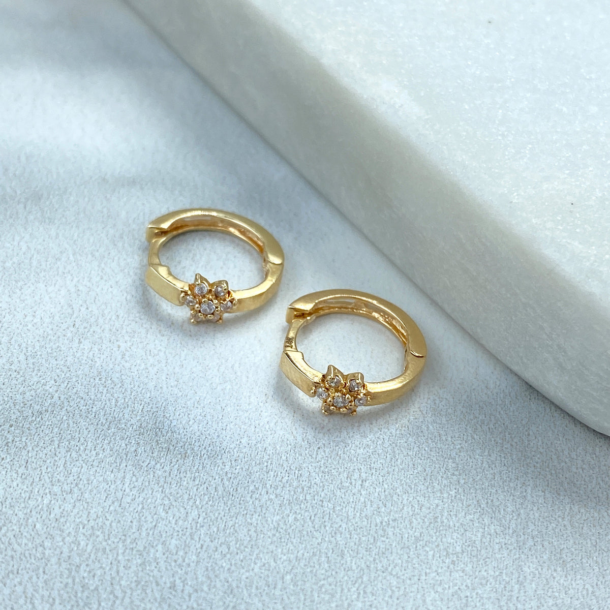 14k Solid Gold Huggie Earrings with Flower Charm featuring Cubic Zirconia, 14k Solid Yellow Gold CZ Flower Huggie Earrings