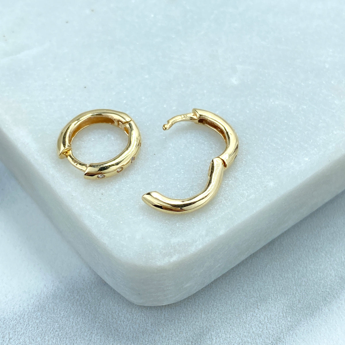 14k Solid Gold Huggie Earrings featuring Clear Cubic Zirconia, 14k Solid Yellow Gold Classic CZ Huggie Earrings
