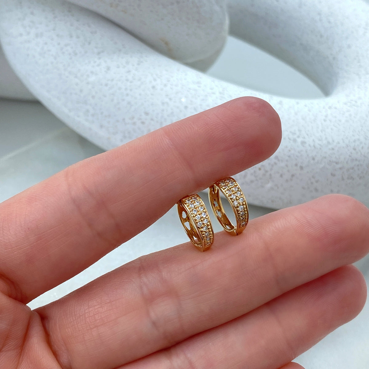 14k Solid Gold Huggie Earrings featuring Cubic Zirconia, 14k Solid Yellow Gold Classic CZ Huggie Earrings
