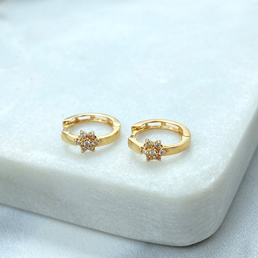 14k Solid Gold Huggie Earrings with Flower Charm featuring Cubic Zirconia, 14k Solid Yellow Gold CZ Flower Huggie Earrings