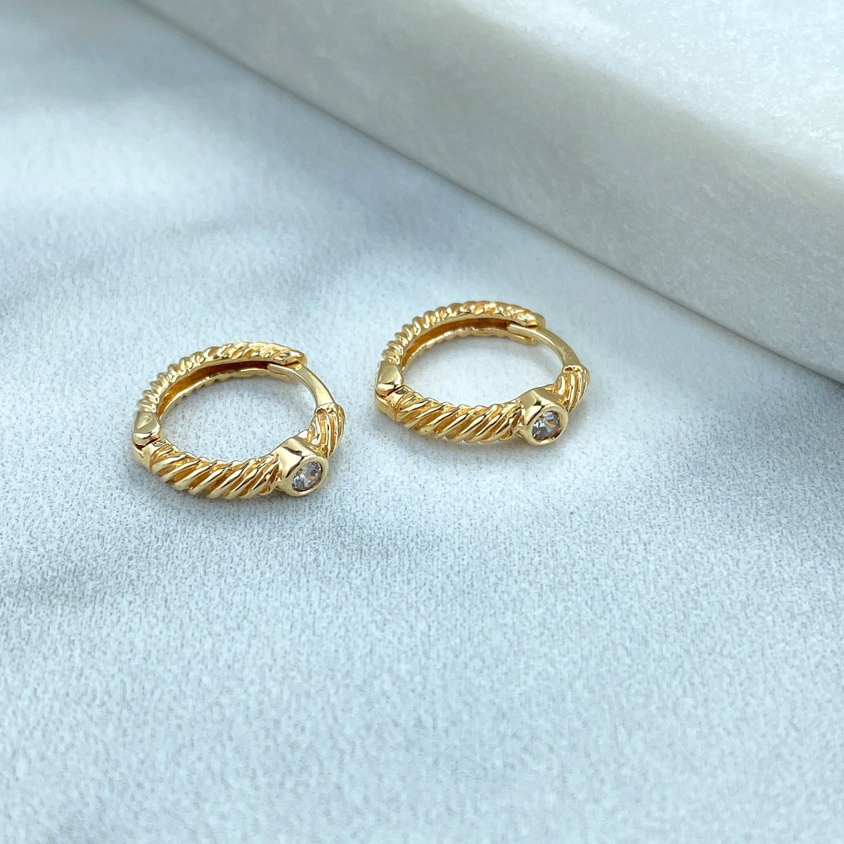 14k Solid Gold Huggie Earrings Twisted Style featuring Clear Cubic Zirconia, 14k Solid Yellow Gold CZ Twisted Huggie Earrings