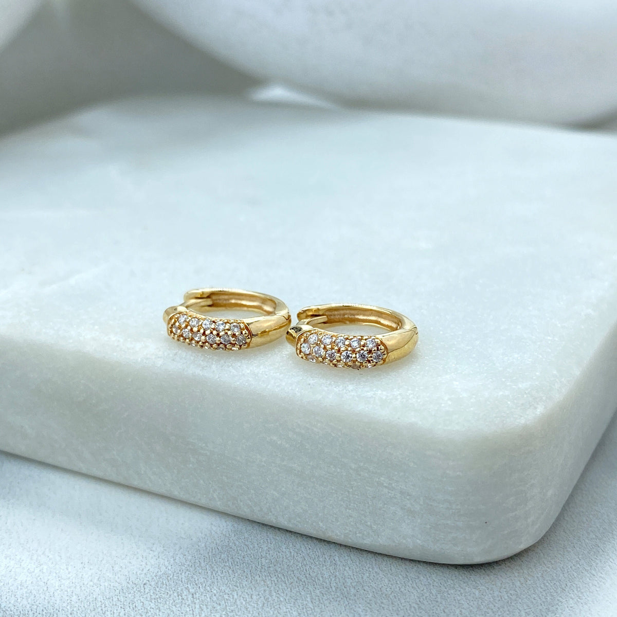 14k Solid Gold Huggie Earrings featuring Clear Cubic Zirconia, 14k Solid Yellow Gold Classic CZ Huggie Earrings